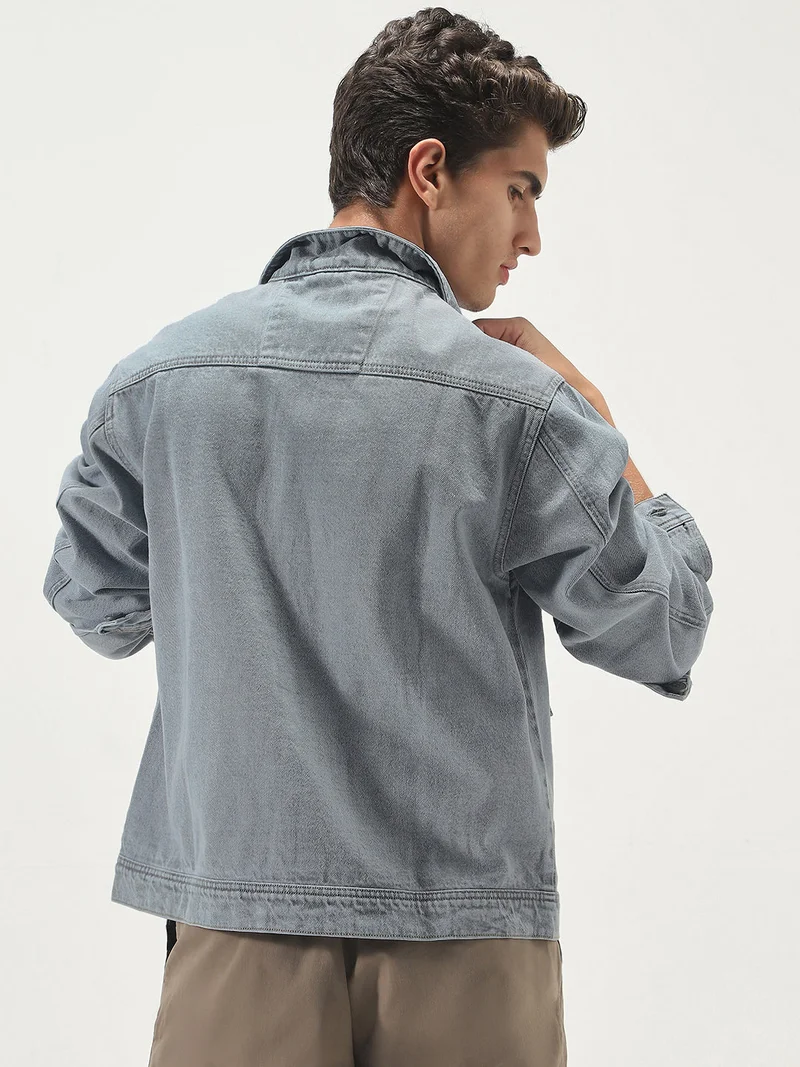 Urbano Fashion  Urbano Fashion Men's Ice Grey Relaxed Fit Full Sleeve Utility Denim Jacket  | Best Price UAE