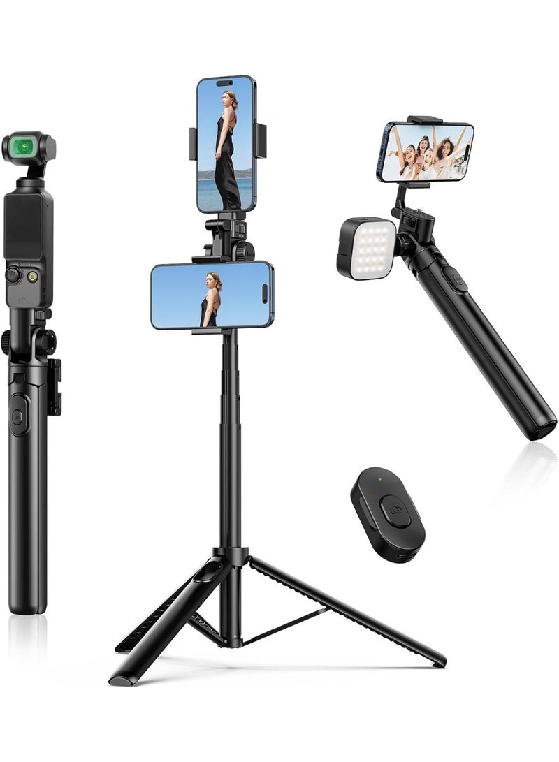 ULANZI MT-70 Extendable Tripod, 63" Selfie Stick Vlog Tripod Stand with 2 Phone Clips as Teleprompter, 360° Rotate Camera Holder for iPhone, Sony, Canon, DJI Osmo Nano, Lightweight for Travel - Image 1
