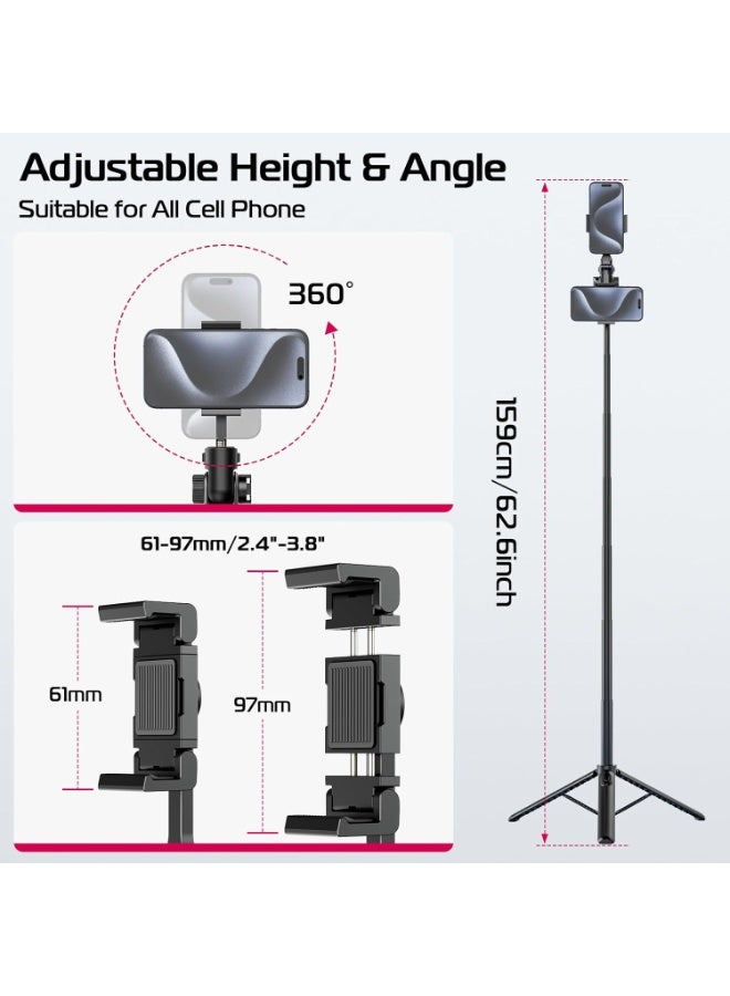 ULANZI MT-70 Extendable Tripod, 63" Selfie Stick Vlog Tripod Stand with 2 Phone Clips as Teleprompter, 360° Rotate Camera Holder for iPhone, Sony, Canon, DJI Osmo Nano, Lightweight for Travel - Image 4