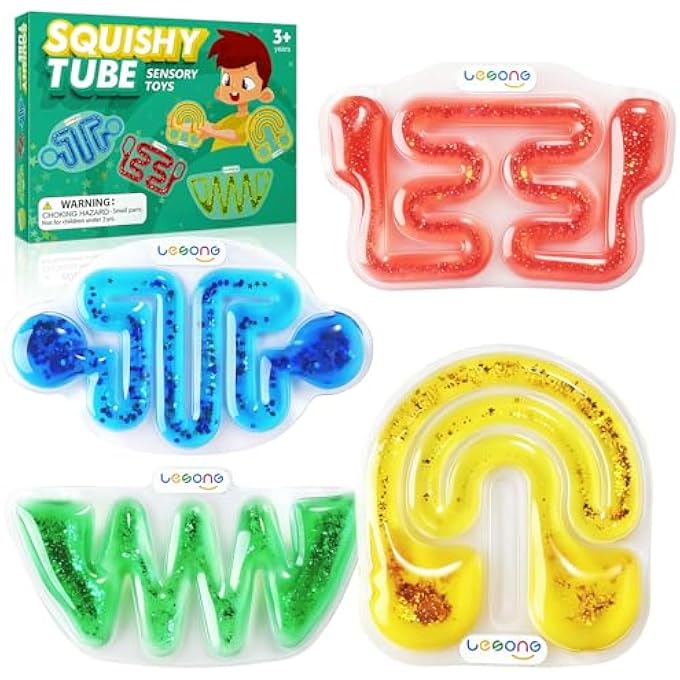 LESONG Squishy Sensory Fidget Toys for Kids - Sensory Toys for Autistic Children Special Needs, Stress Anxiety Relief Toys for Calm Down, Squeeze Sensory Tube Filled with Colorful Goo, Glitter 4Pack - Image 1