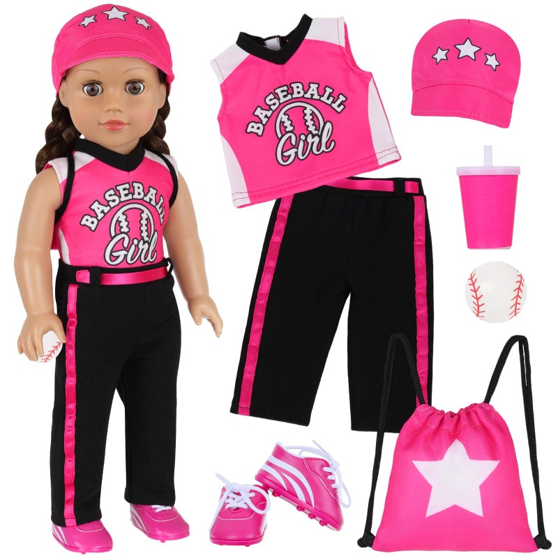 K. T. Fancy KT Fancy Baseball Uniform Doll OutfitAmerican 18 Inch Doll Clothes and Accessories Set Including Hat Pink Baseball Jacket Baseball Water Bottle Socks and Trainers Gifts Set for GirlsBoys - Image 3