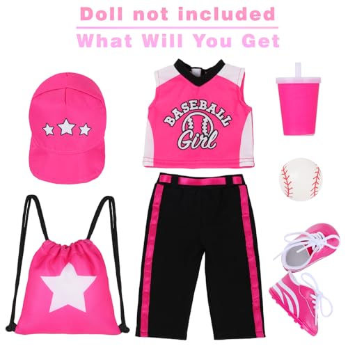 K. T. Fancy KT Fancy Baseball Uniform Doll OutfitAmerican 18 Inch Doll Clothes and Accessories Set Including Hat Pink Baseball Jacket Baseball Water Bottle Socks and Trainers Gifts Set for GirlsBoys - Image 5
