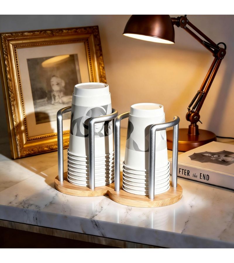 Dual Tube Paper Cup Holder Silvery Kitchen Countertop Storage Rack Dispenser - Image 2