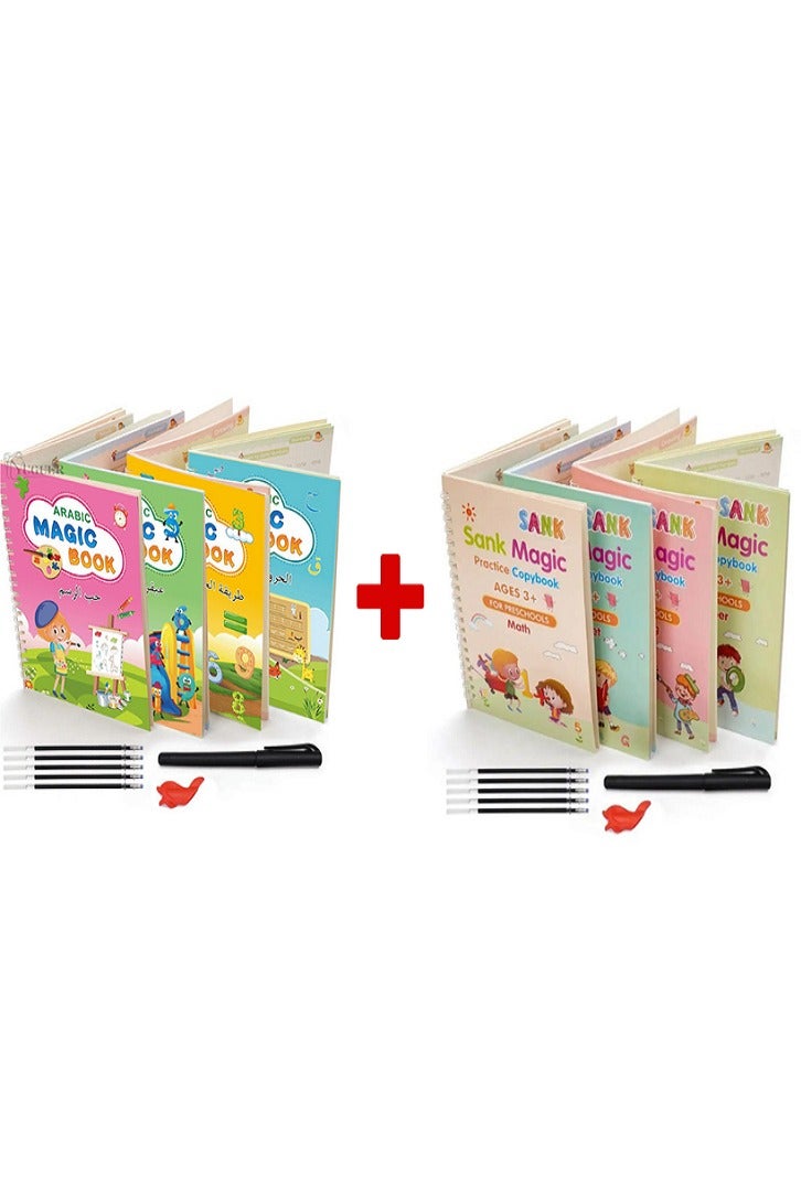 Sank Magic 2-in-1 Magic Book, 8 Calligraphy Exercises + 10 Refills + 2 Pen Holder + 2 Writing Aid, Reusable Exercise Book, Exercise Book Set, for Children - Math, Drawing, Alphabet, Number (English & Arabic)  - Image 1
