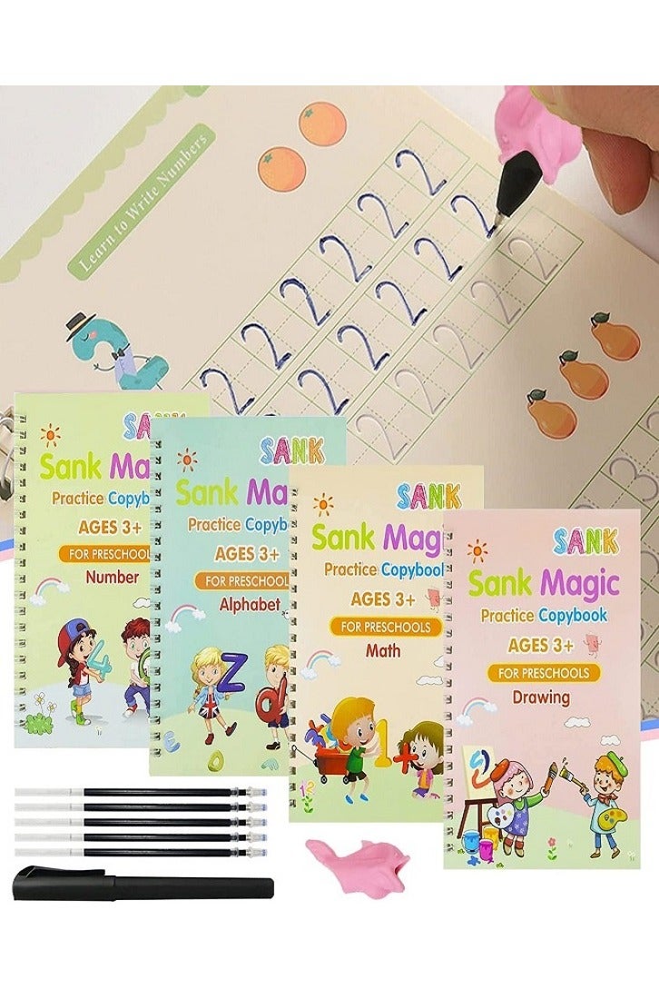 Sank Magic 2-in-1 Magic Book, 8 Calligraphy Exercises + 10 Refills + 2 Pen Holder + 2 Writing Aid, Reusable Exercise Book, Exercise Book Set, for Children - Math, Drawing, Alphabet, Number (English & Arabic)  - Image 2