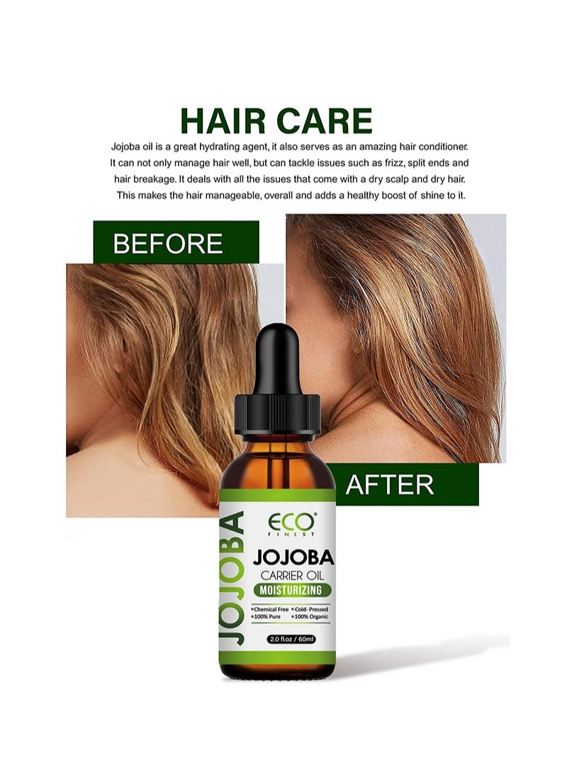 Organic Jojoba Oil 60ml，100% Pure & Natural Jojoba Oil for Hair，Face， Body & Nails, Moisturize Skin & Helps Fight Acne，Jojoba Oil Organic Cold Pressed Unrefined(60ml)