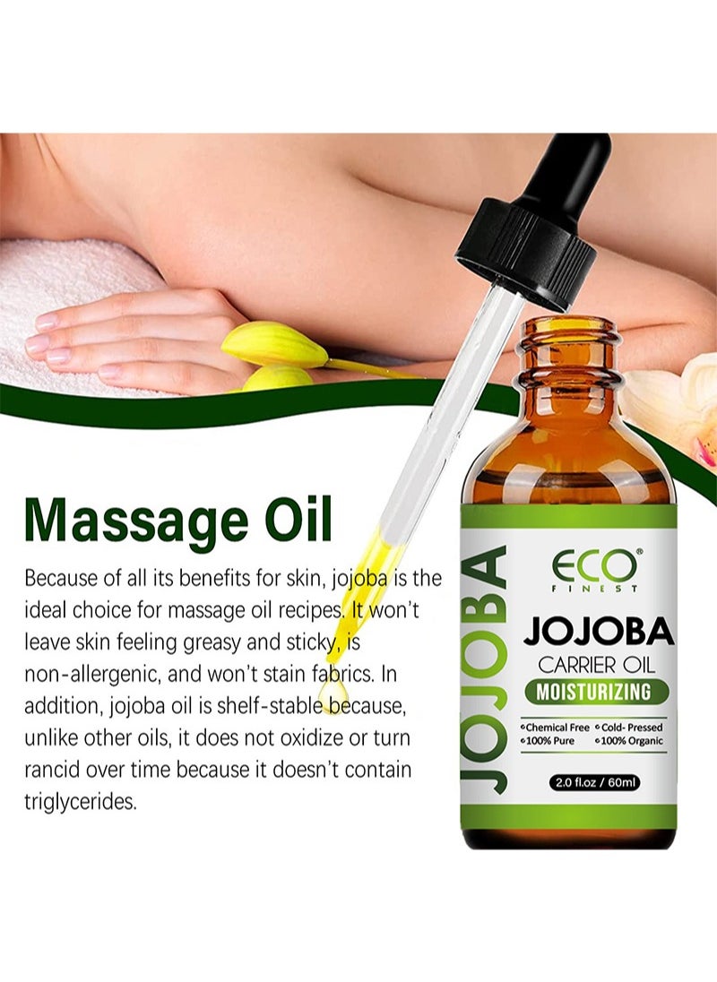 Organic Jojoba Oil 60ml，100% Pure & Natural Jojoba Oil for Hair，Face， Body & Nails, Moisturize Skin & Helps Fight Acne，Jojoba Oil Organic Cold Pressed Unrefined(60ml)