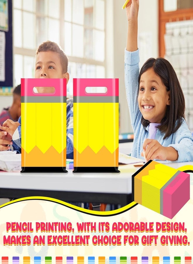 Demonwer 50 Pcs Back to School Teacher Gifts Bags Pencil Themed Plastic Bags with Handles 9.8×6.5 inch Small Plastic Appreciation Gift Bags Bulk for Students Teacher Fillable Classroom Back to School Favor - Image 4