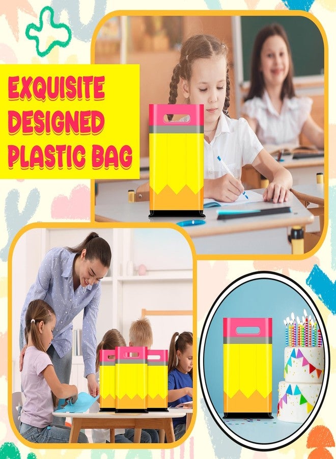 Demonwer 50 Pcs Back to School Teacher Gifts Bags Pencil Themed Plastic Bags with Handles 9.8×6.5 inch Small Plastic Appreciation Gift Bags Bulk for Students Teacher Fillable Classroom Back to School Favor - Image 5