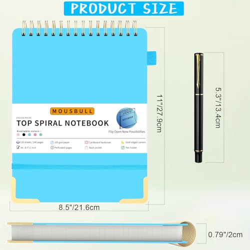 Mousbull Top Spiral Notebook, A4 Hardcover Top Bound Steno Pads, 240 Pages 100gsm College Ruled Left Handed Notebook Journal for Work, School, Meeting Writing - Blue, 8.5" x 11" - Image 3