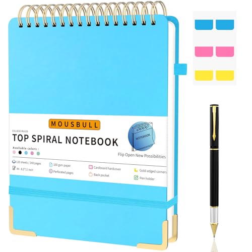 Mousbull Top Spiral Notebook, A4 Hardcover Top Bound Steno Pads, 240 Pages 100gsm College Ruled Left Handed Notebook Journal for Work, School, Meeting Writing - Blue, 8.5" x 11" - Image 1