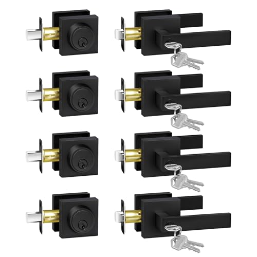 Camtek Matte Black Door Locks for Front Door, Exterior Door Lock Set with Single Cylinder Deadbolt Lock, Flat Square Door Handle for Front Door, 4 Pack (All Same Keyed Alike) - Image 1