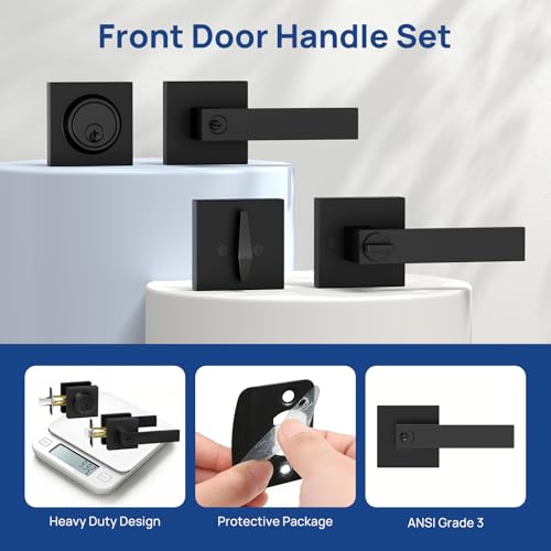 Camtek Matte Black Door Locks for Front Door, Exterior Door Lock Set with Single Cylinder Deadbolt Lock, Flat Square Door Handle for Front Door, 4 Pack (All Same Keyed Alike) - Image 5