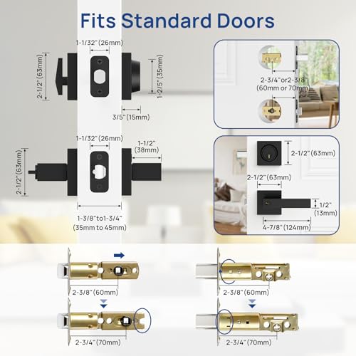 Camtek Matte Black Door Locks for Front Door, Exterior Door Lock Set with Single Cylinder Deadbolt Lock, Flat Square Door Handle for Front Door, 4 Pack (All Same Keyed Alike) - Image 3