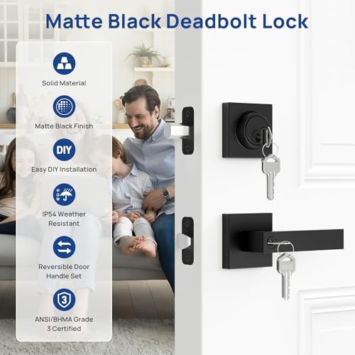Camtek Matte Black Door Locks for Front Door, Exterior Door Lock Set with Single Cylinder Deadbolt Lock, Flat Square Door Handle for Front Door, 4 Pack (All Same Keyed Alike) - Image 2