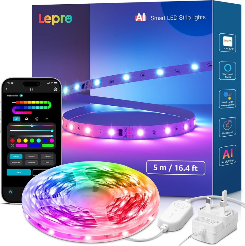 لايتنغ إيفر شريط إضاءة LED ذكي قوس قزح من Lepro S1 بطول 5 أمتار، 30 لمبة/متر، مزامنة الموسيقى، يعمل مع Alexa وGoogle Home، تحكم بالتطبيق والصوت عبر WiFi وBluetooth، مساعد تصميم الإضاءة بالذكاء الاصطناعي، أضواء LED بألوان سحرية لغرفة النوم - Image 1