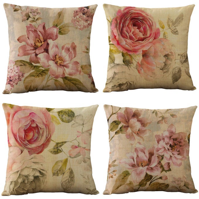 SET OF 4 VINTAGE FLOWER THROW PILLOW COVERS PILLOW CASES CUSHION CASES BURLAP TOSS 18 X 18 INCH FOR LIVING ROOMCOUCH AND BED PURPLE PINK SET OF 4