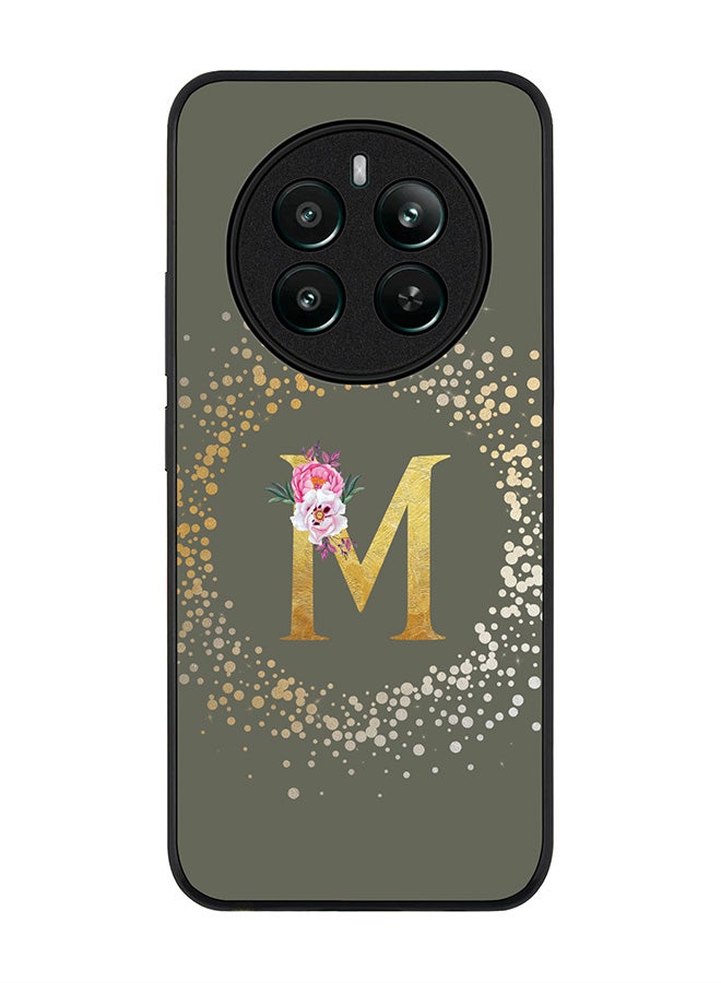 Stylizedd Rugged Black edge case for Realme 12 Plus 5G / Realme 12 4G Case Cover- Custom Monogram Initial Letter Floral Pattern Alphabet - M (Olive Green) - Image 1