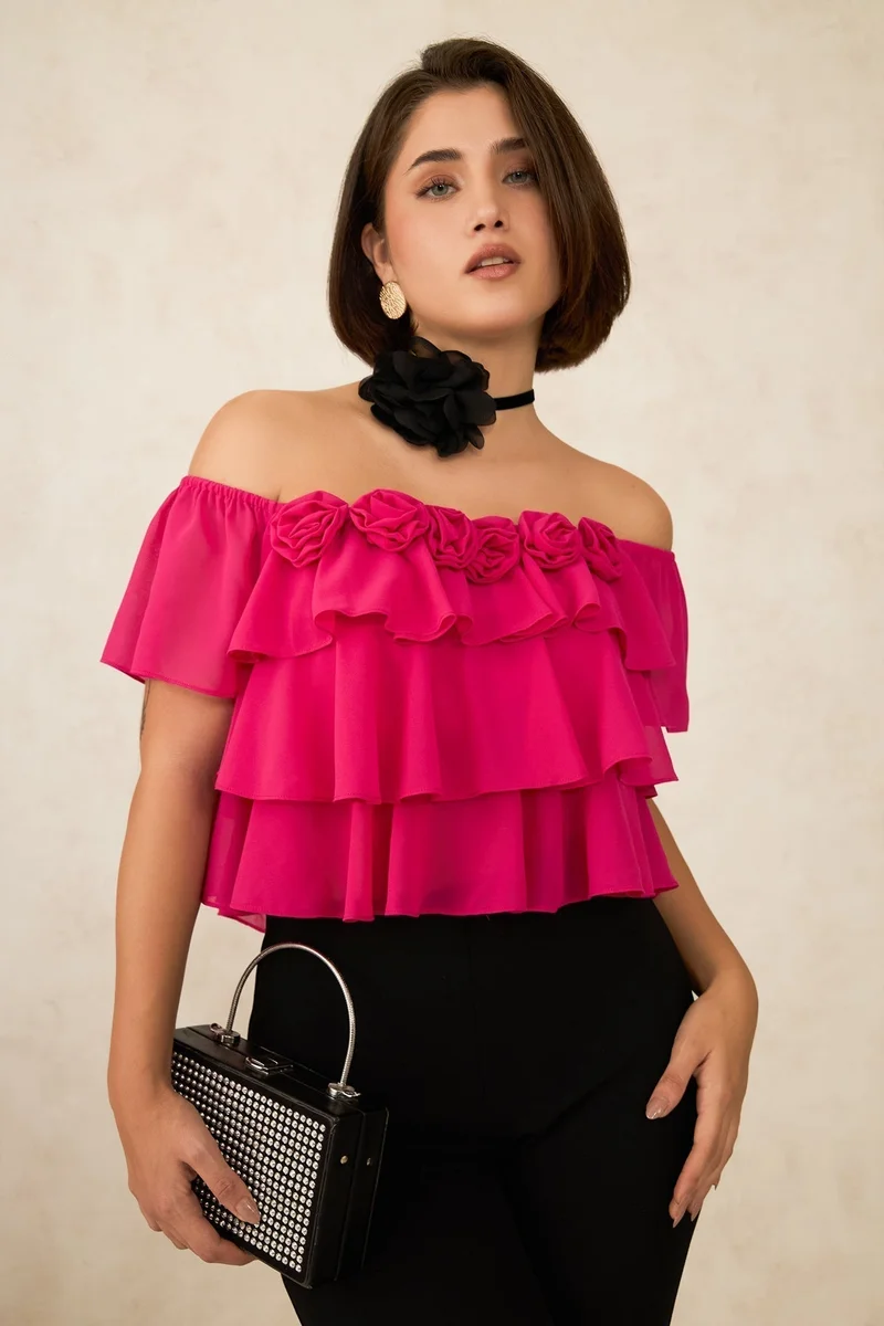 فيرجيو بلوزات قصيرة نسائية من جورجيت بكتف مكشوف للمناسبات النهارية