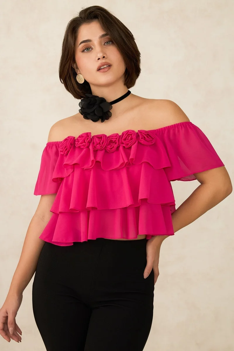 Virgio Georgette Off-Shoulder Brunchwear Crop Tops for Women