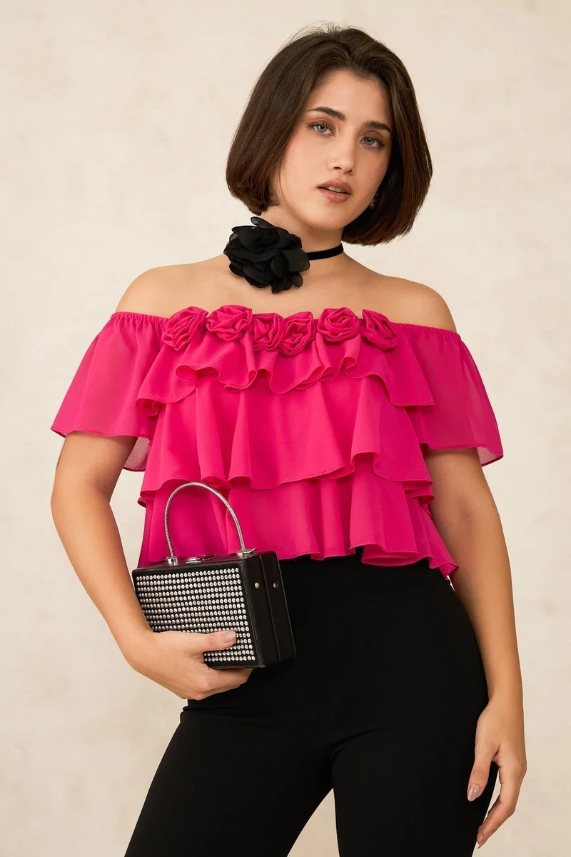 Virgio Georgette Off-Shoulder Brunchwear Crop Tops for Women