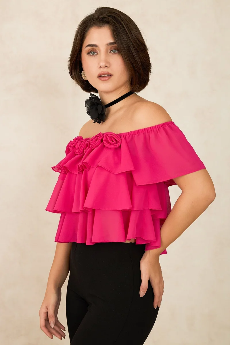 فيرجيو بلوزات قصيرة نسائية من جورجيت بكتف مكشوف للمناسبات النهارية