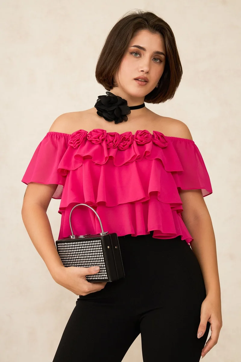 فيرجيو بلوزات قصيرة نسائية من جورجيت بكتف مكشوف للمناسبات النهارية