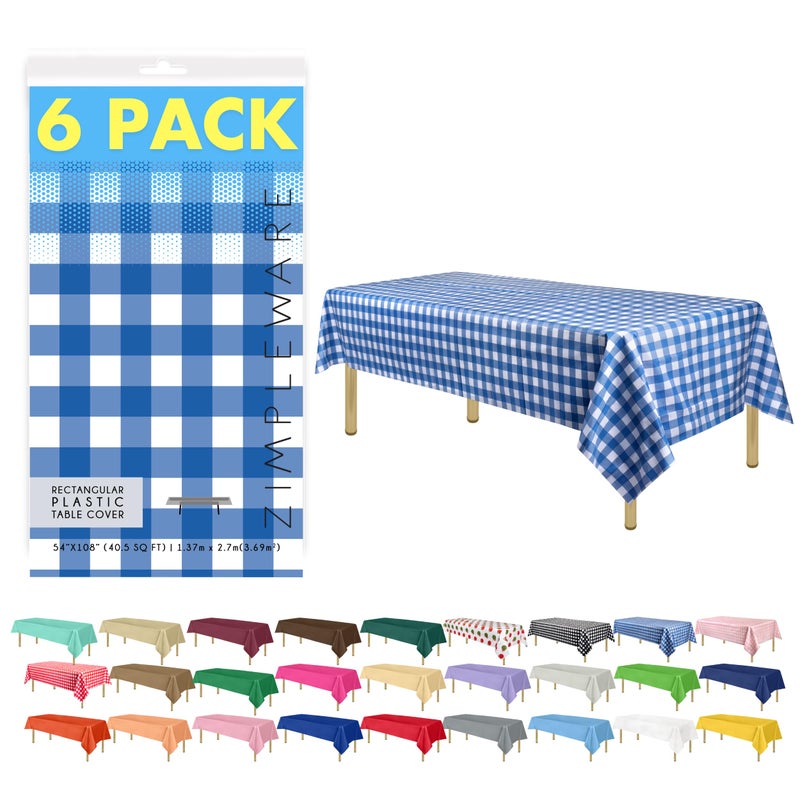 ZIMPLEWARE Premium Blue Gingham Checkered Plastic Table Cloth Disposable 6 Pk Plastic Tablecloths for Rectangle Tables 54in x 108in Party Table Cloths Disposable for 6ft to 8ft Rectangle Tables