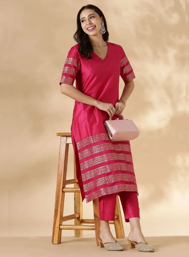 Abhishti Pink Kurta Pant set with Brocade Detail