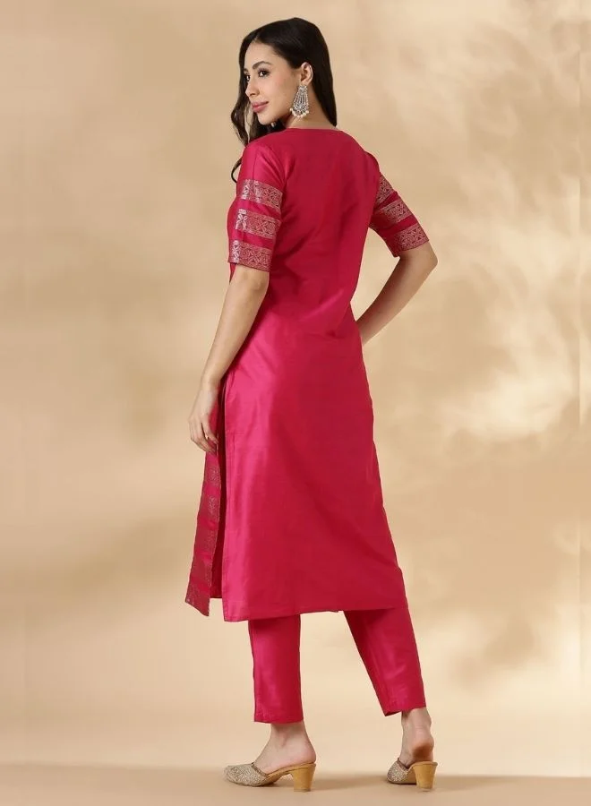 Abhishti Pink Kurta Pant set with Brocade Detail