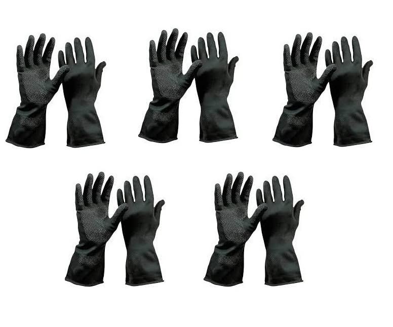 Ekon Pack of 5 Silicon Latex Non Slip Multipurpose Heavy Duty Reusable Safety Rubber Hand Gloves For House Hold Home Dish Utensils Car Washing Kitchen Bathroom Toilet Tiles Cleaning Men Women Black - Image 1