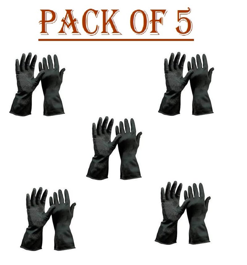 Ekon Pack of 5 Silicon Latex Non Slip Multipurpose Heavy Duty Reusable Safety Rubber Hand Gloves For House Hold Home Dish Utensils Car Washing Kitchen Bathroom Toilet Tiles Cleaning Men Women Black - Image 2