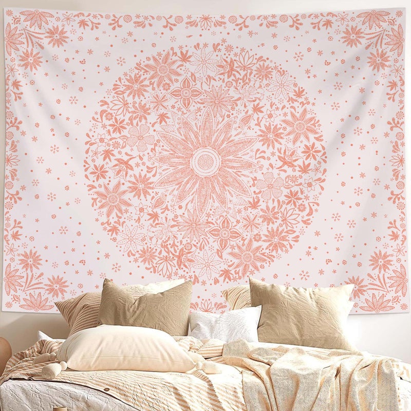 Neasow Bohemian Tapestry Wall Hanging, Pink Floral Tapestry with Dotted Daisy Medallion Print Bedroom Boho Hippie Home Decor, 36x48 inches - Image 1