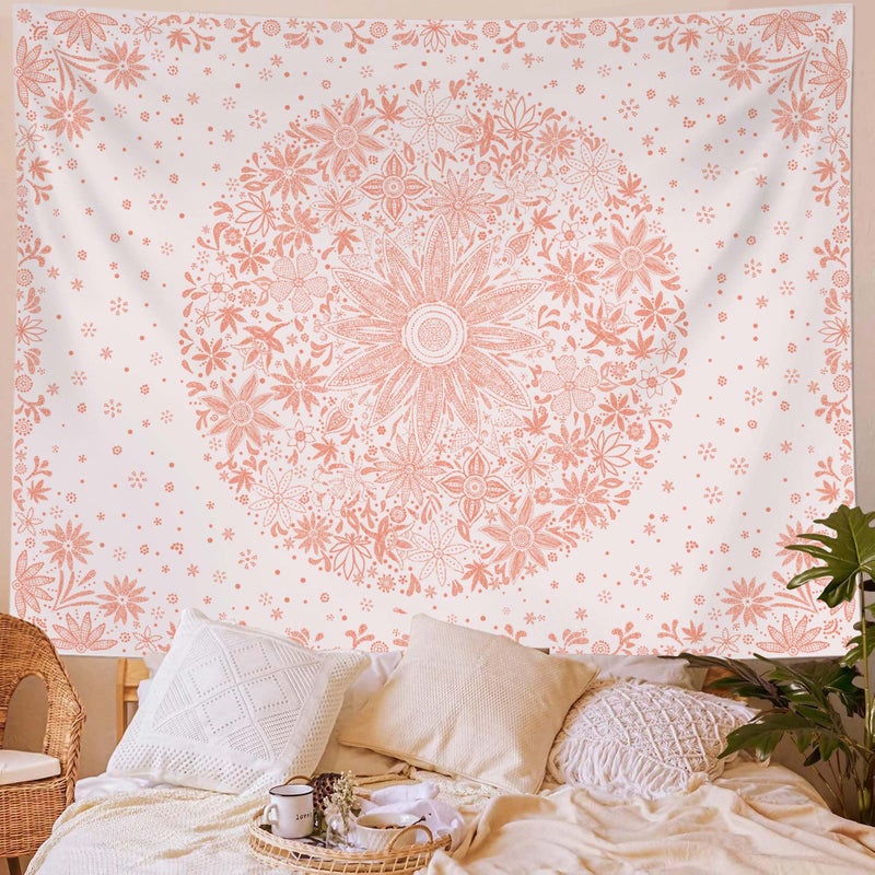 Neasow Bohemian Tapestry Wall Hanging, Pink Floral Tapestry with Dotted Daisy Medallion Print Bedroom Boho Hippie Home Decor, 36x48 inches - Image 3