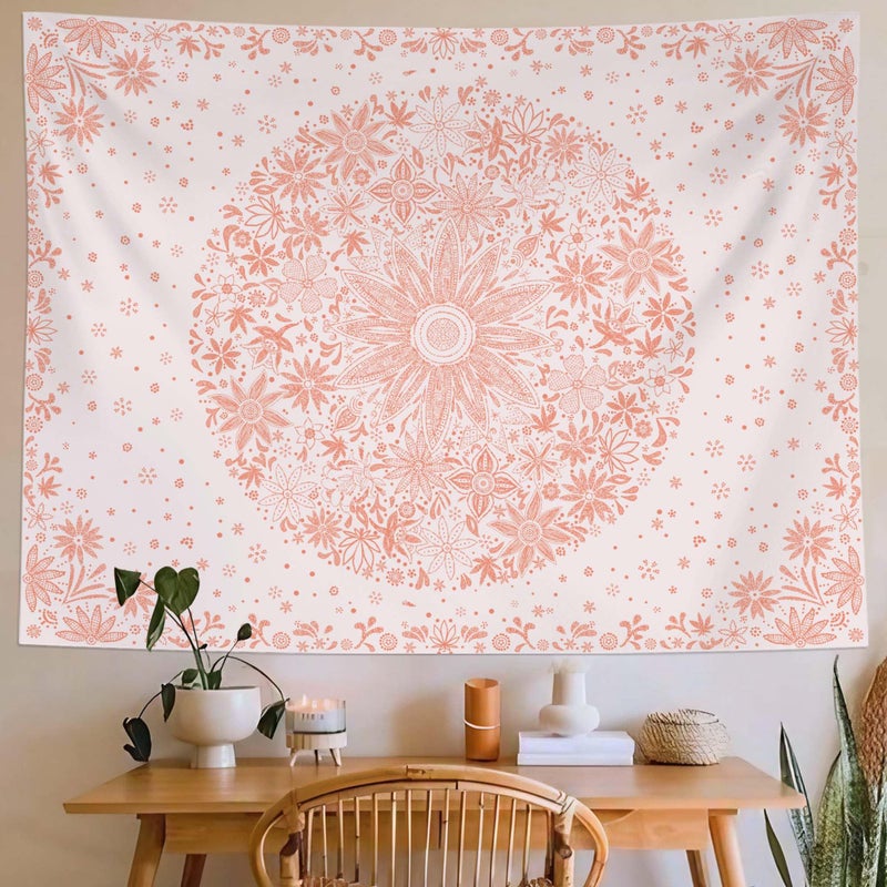 Neasow Bohemian Tapestry Wall Hanging, Pink Floral Tapestry with Dotted Daisy Medallion Print Bedroom Boho Hippie Home Decor, 36x48 inches - Image 2