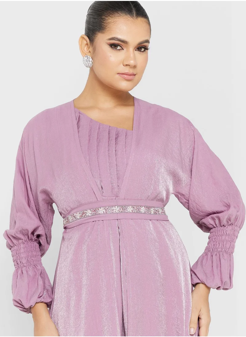 hayas closet Ruched Sleeve Belted Dress