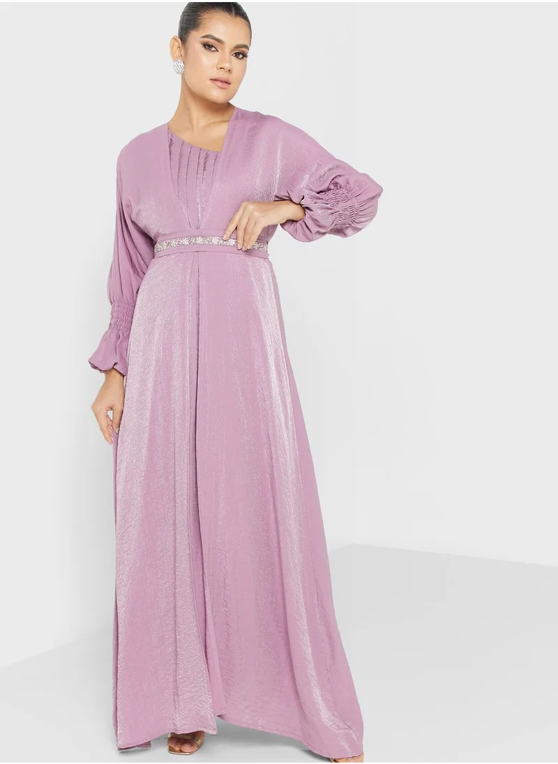 hayas closet Ruched Sleeve Belted Dress