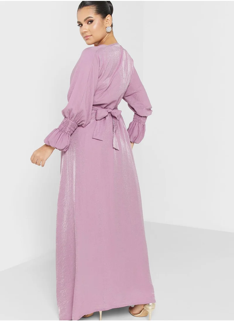 hayas closet Ruched Sleeve Belted Dress