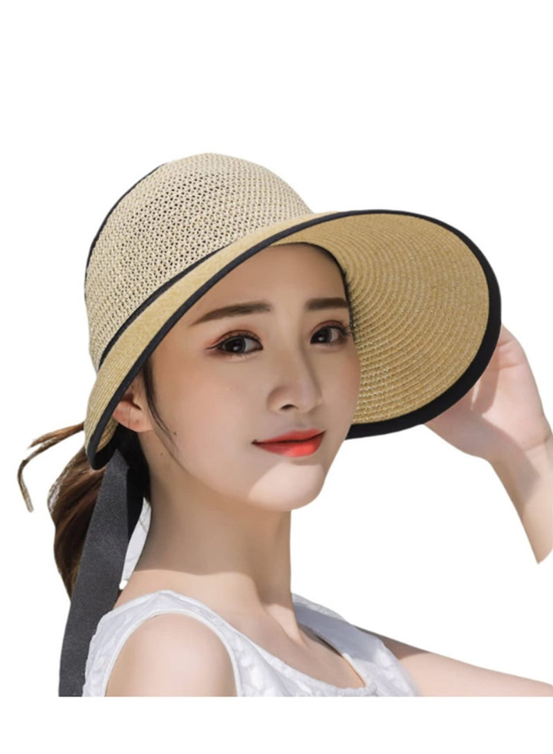 1pcs Summer Adjustable Ribbon Straw Hat for Women Foldable Wide Brim UV Protection UPF 50+ Beach Pool Gardening Boating Comfortable Breathable Holiday Gift - Image 2