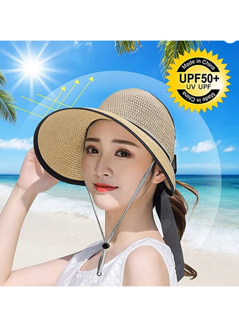 1pcs Summer Adjustable Ribbon Straw Hat for Women Foldable Wide Brim UV Protection UPF 50+ Beach Pool Gardening Boating Comfortable Breathable Holiday Gift - Image 4
