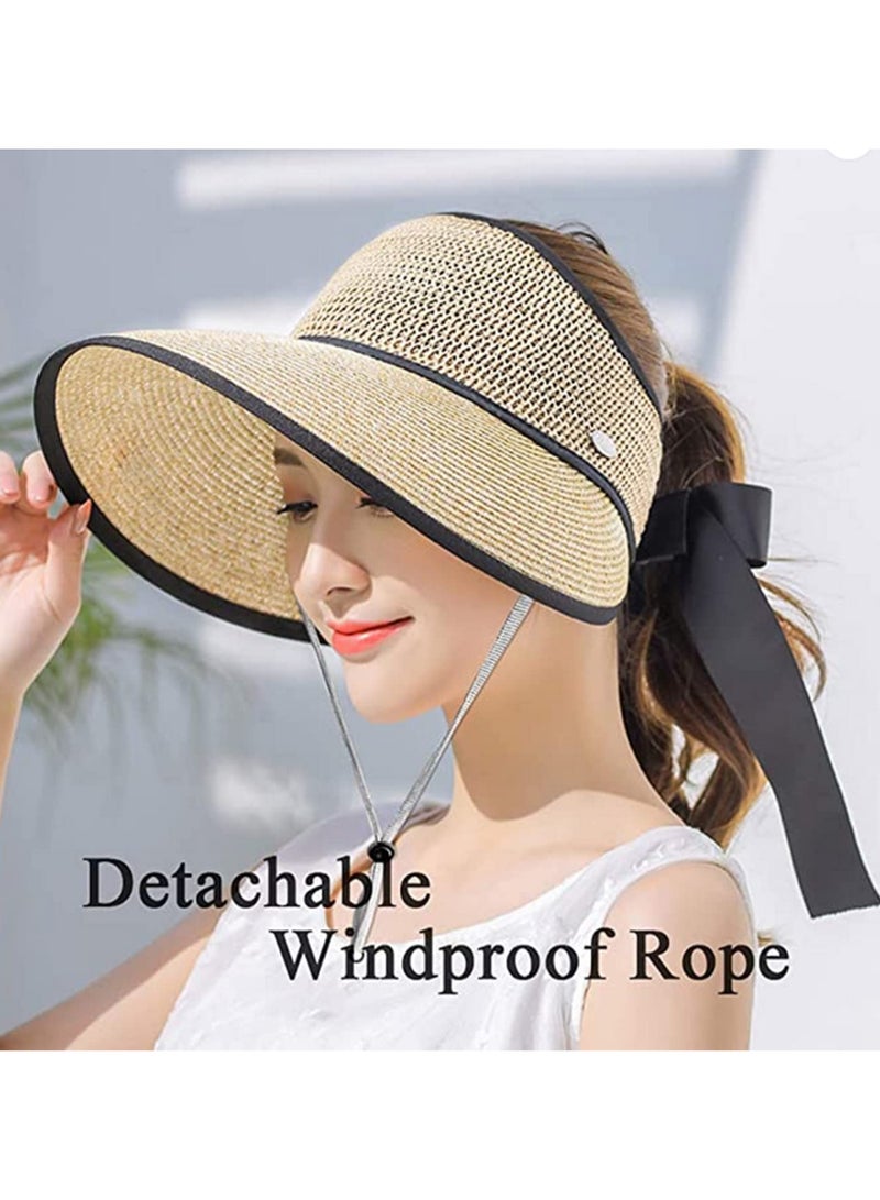 1pcs Summer Adjustable Ribbon Straw Hat for Women Foldable Wide Brim UV Protection UPF 50+ Beach Pool Gardening Boating Comfortable Breathable Holiday Gift - Image 5