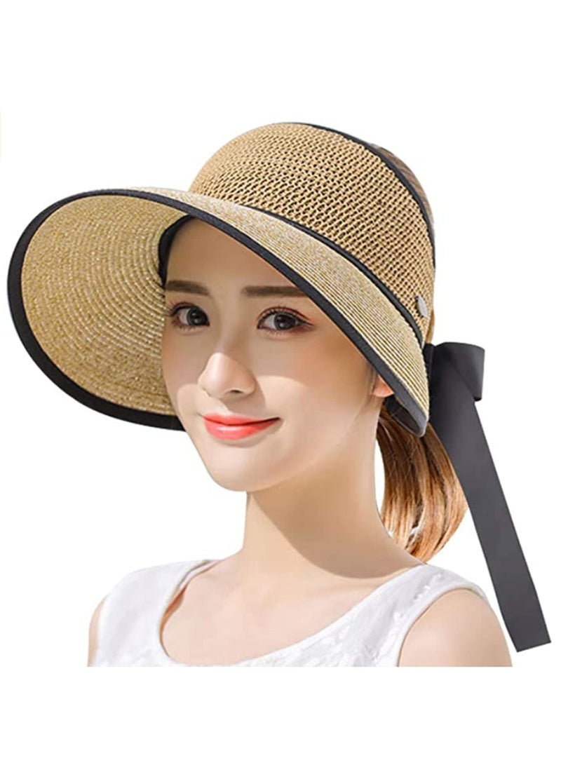 1pcs Summer Adjustable Ribbon Straw Hat for Women Foldable Wide Brim UV Protection UPF 50+ Beach Pool Gardening Boating Comfortable Breathable Holiday Gift - Image 1