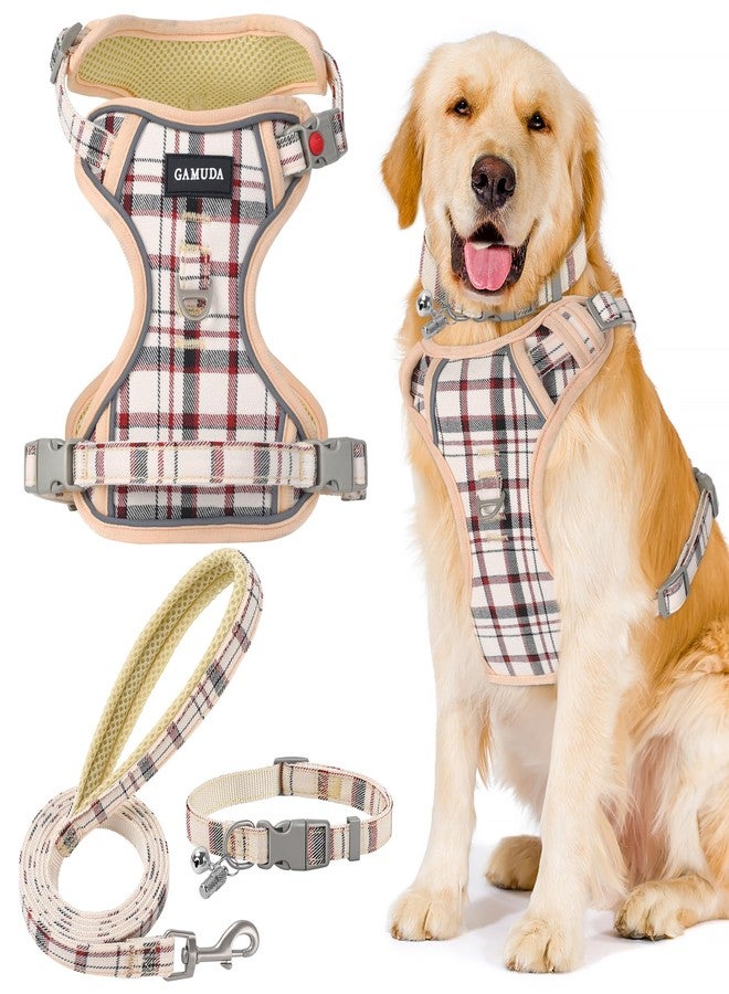 GAMUDA Dog Harness Collar and Leash Set, Dog Harness, No Chock No Pull Adjustable Vest Harnesses Plaid Reflective for Medium Dog, Cat, Small Horse, Small Bull and Pig (Beige, M) - Image 1