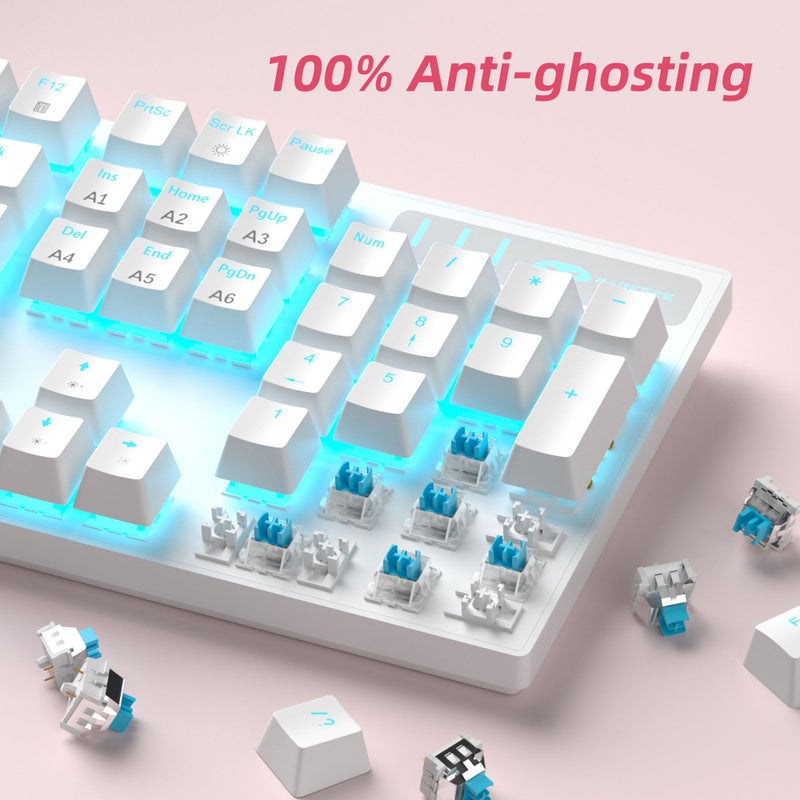 MageGee لوحة مفاتيح ماغيجي الميكانيكية للألعاب، لوحة مفاتيح سلكية USB مع إضاءة خلفية قابلة للتعديل، لوحة مفاتيح ميكانيكية جديدة 100% مضادة للتداخل مع مفاتيح زرقاء لألعاب ويندوز PC/MAC (بيضاء) - Image 4