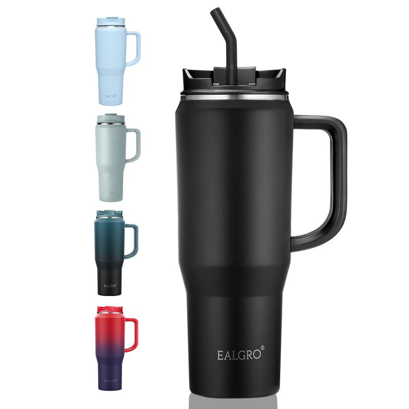 EALGRO 40 oz Tumbler with Handle, Insulated Tumblers with Lid and Straw, Large Metal Sports Water Bottle Jug, Thermal Stainless Steel Travel Coffee Mug Cup, Black - Image 1