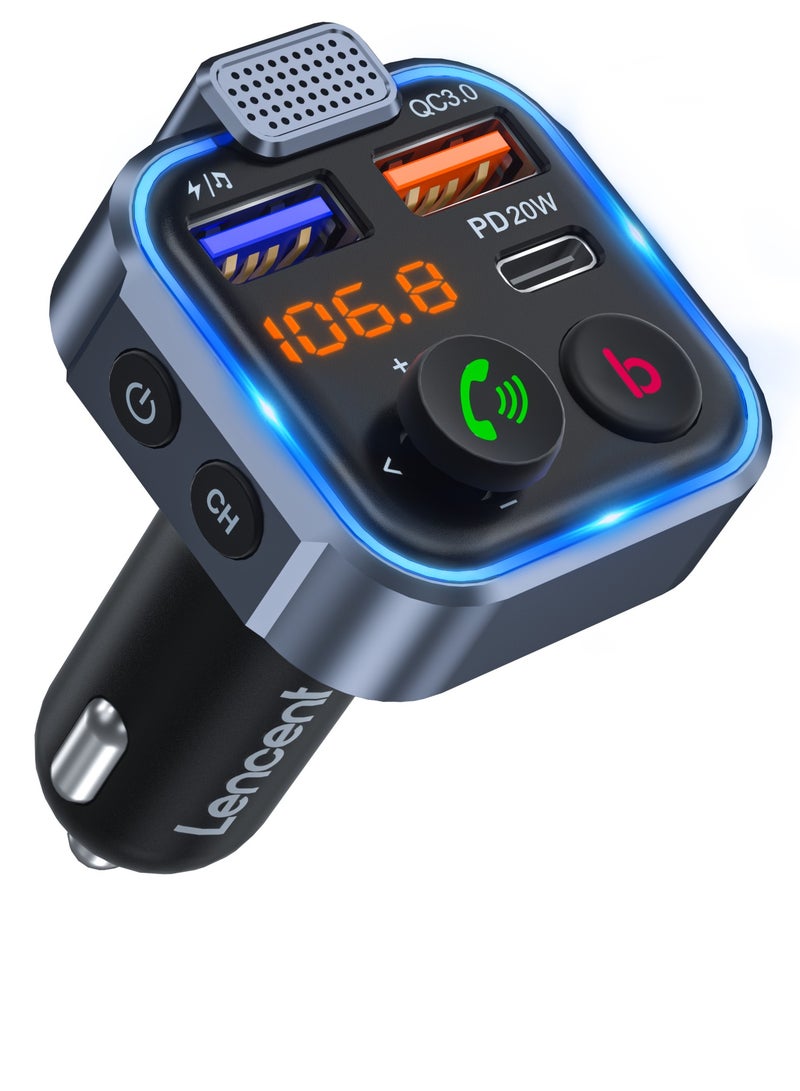 Lencent P5 Bluetooth 5.0 Car Adapter PD3.0 Type C 20W QC3.0 Fast Charger FM Transmitter Hands Free Calling Hi Fi Sound Support USB TF Card LED Display Universal for Cars Trucks SUVs Vans 12-24V - Image 1