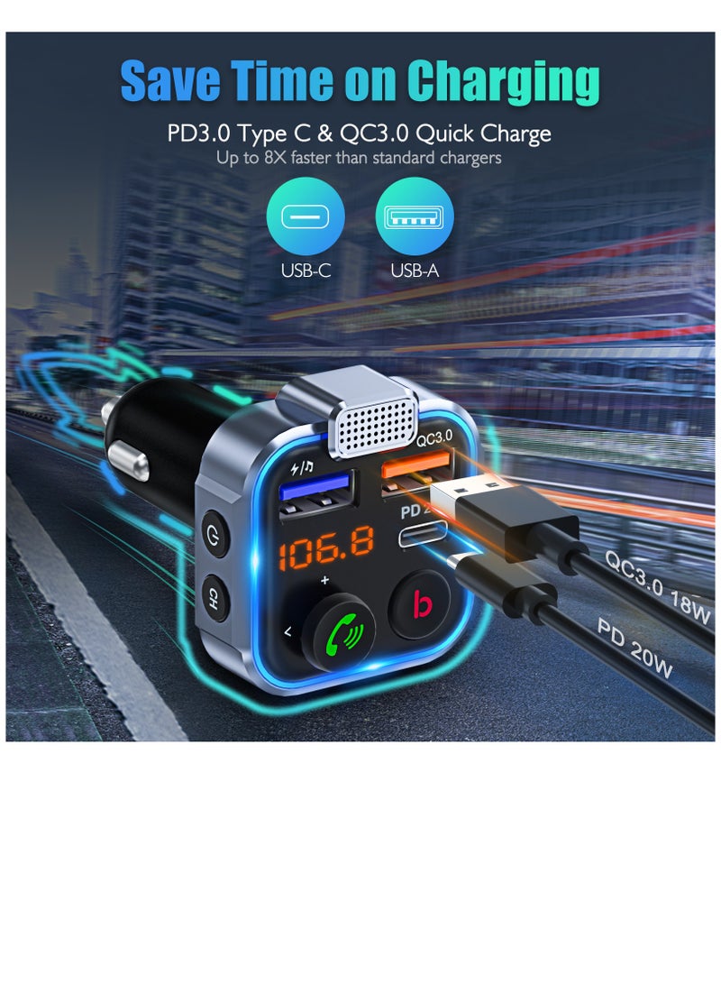 Lencent P5 Bluetooth 5.0 Car Adapter PD3.0 Type C 20W QC3.0 Fast Charger FM Transmitter Hands Free Calling Hi Fi Sound Support USB TF Card LED Display Universal for Cars Trucks SUVs Vans 12-24V - Image 3