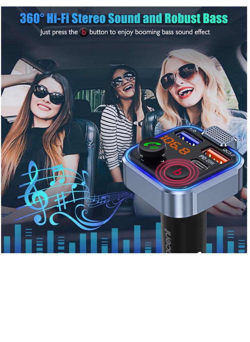 Lencent P5 Bluetooth 5.0 Car Adapter PD3.0 Type C 20W QC3.0 Fast Charger FM Transmitter Hands Free Calling Hi Fi Sound Support USB TF Card LED Display Universal for Cars Trucks SUVs Vans 12-24V - Image 2