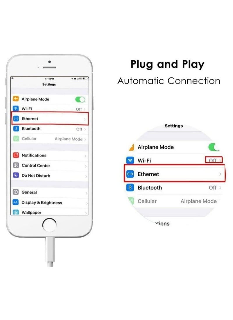 Generic - Lightning to Ethernet Adapter, RJ45 LAN Network Cable with 8-Pin Connector for iPhone 13/12/11/XS/XR/X/8/7, iPad, iPod - Plug and Play, 100Mbps Support, MFi Certified - Image 1