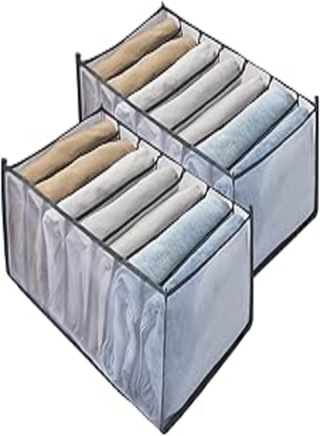 2Pcs Foldable Clothes Drawer Organizer Jeans Storage Organizer, 7 Grids Wardrobe Storage Foldable Drawer Divider for Jeans, Legging, T-shirt (36 * 25 * 20 cm, Grey)